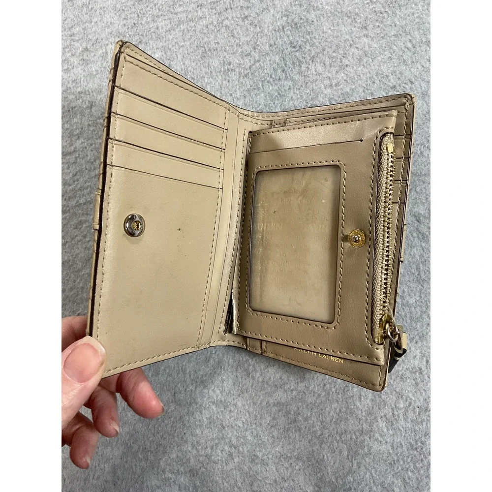 Lauren Ralph Lauren Quilted Leather Bifold Wallet Beige Gold Tone LRL Logo